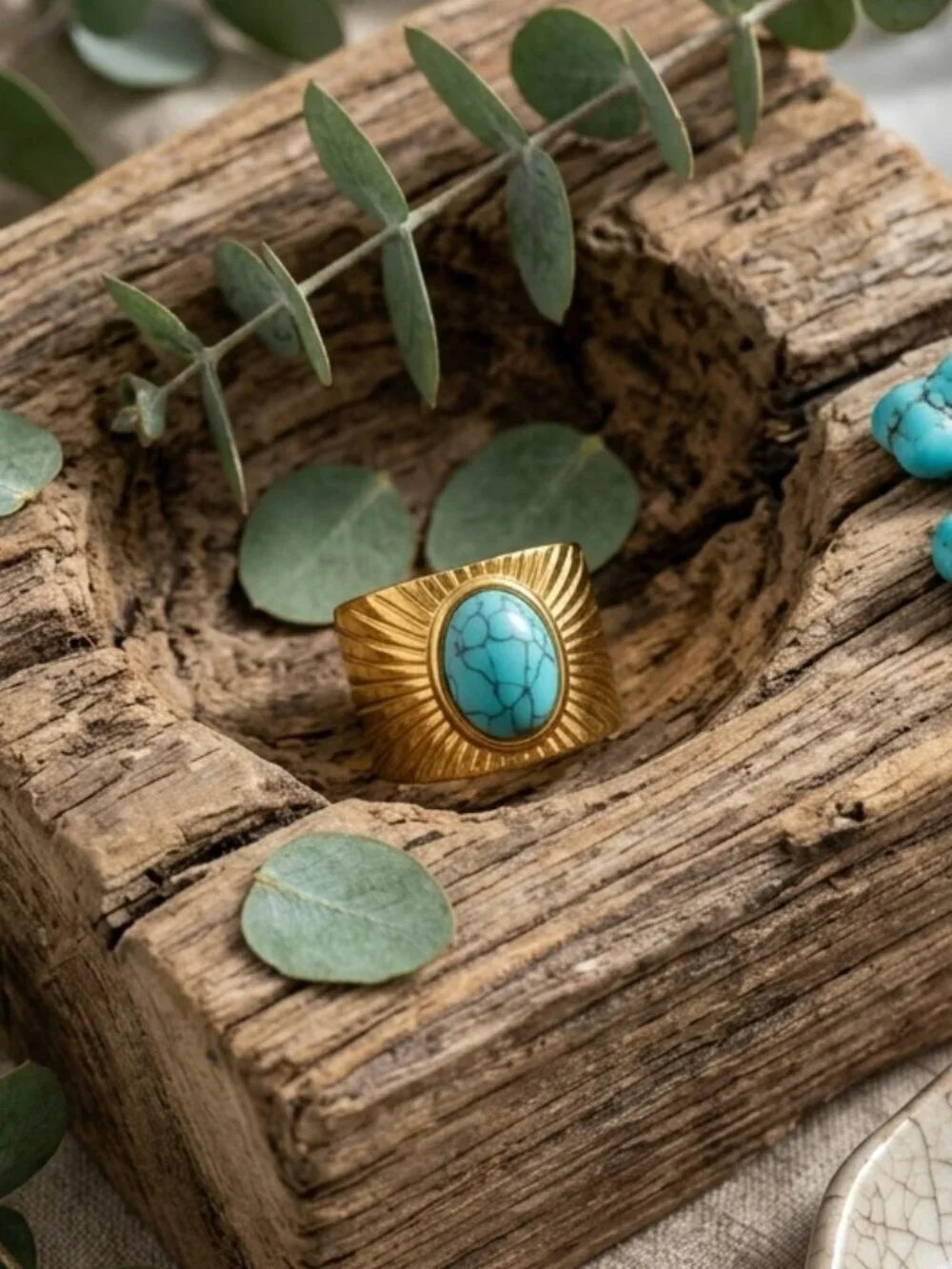 Turquoise Sunburst Wide Band Adjustable Ring 14K Gold Plated Boho Western 7-9